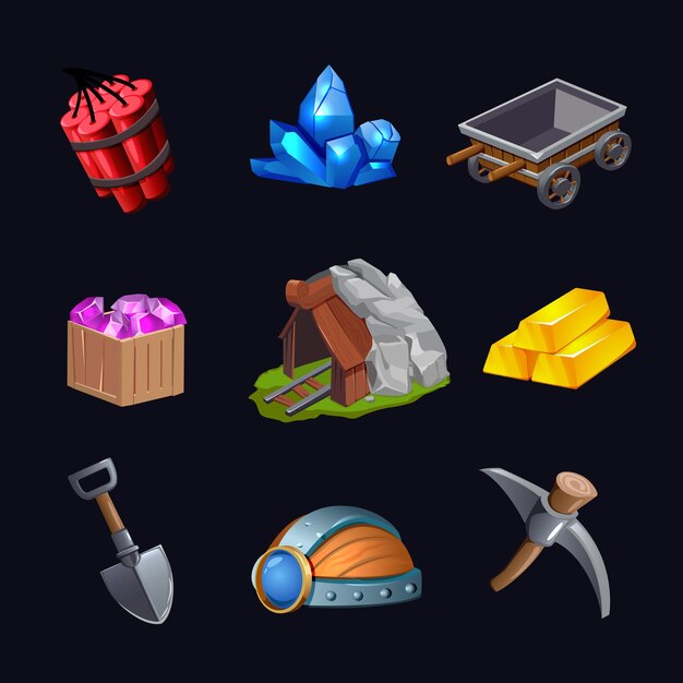 Geïsoleerde mijnbouw game design icon set met schattenjacht kristallen en mijnen vectorillustratie