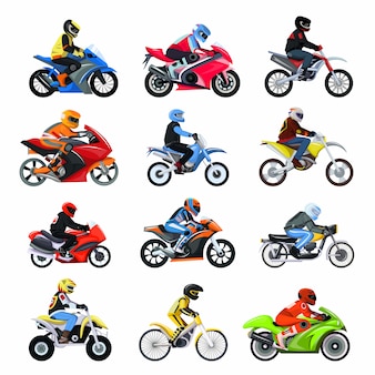 Geïsoleerde motorfiets vastgestelde illustratie, verschillende karakters van de typemotorrijder op sportmotoren.
