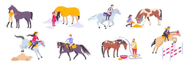 Geïsoleerde paard platte pictogrammenset met verschillende soorten paardensporten en ruiters vectorillustratie