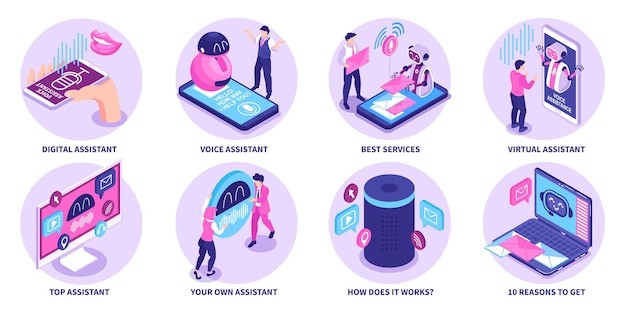 Geïsoleerde ronde composities met spraakgestuurde digitale apparaten, dus als thuisadviseur slimme luidspreker virtuele robotassistent isometrische vectorillustratie