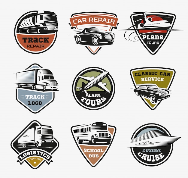 Gratis vector geïsoleerde transport retro logo's set