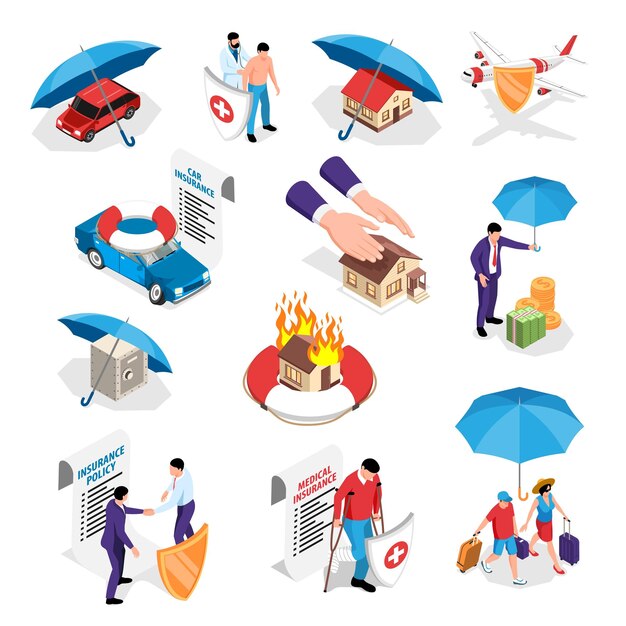 Geïsoleerde verzekering set met isometrische iconen van schilden en paraplu's met privé-eigendom items en mensen vector illustratie
