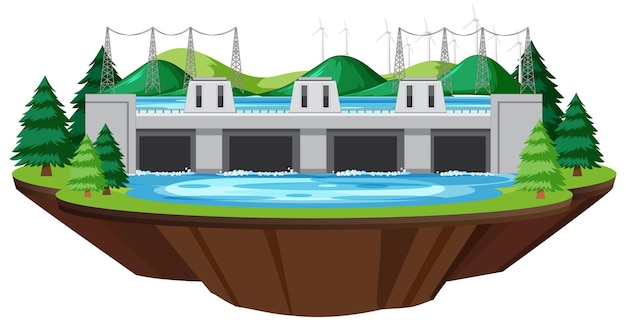 Gratis vector geïsoleerde waterkrachtcentrales wekken elektriciteit op