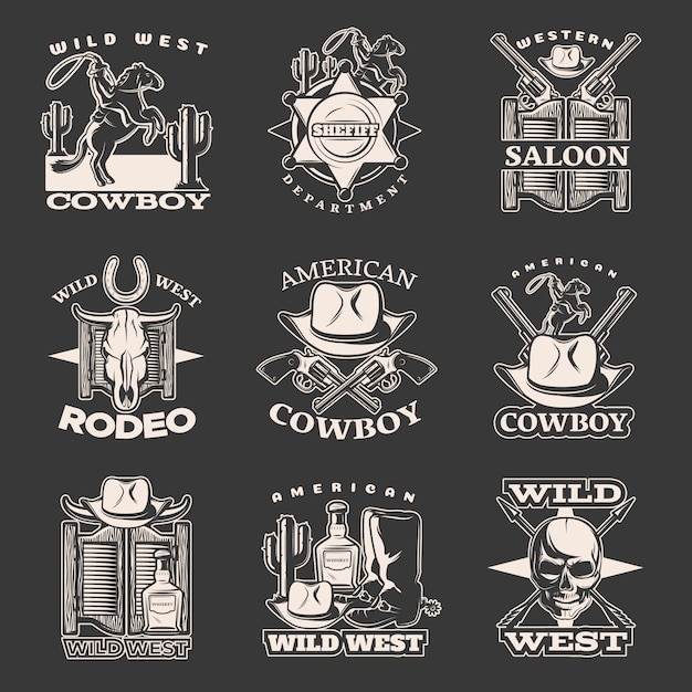 Geïsoleerde witte wilde westen embleem ingesteld op donker met sheriff afdeling western saloon Amerikaanse cowboy beschrijvingen