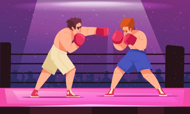 Gekleurd boksconcept twee vechters vechten tegen elkaar in de ring vectorillustratie