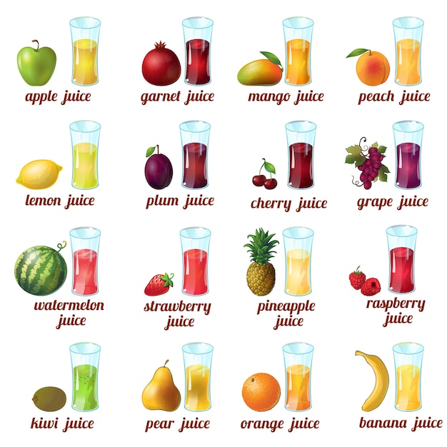 Gratis vector gekleurd en geïsoleerd fruitsap icon set met appel, mango, perzik, kers, druif, sinaasappel, banaan en verschillende sappen