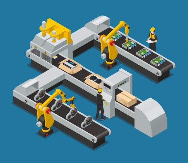 Gekleurde auto elektronica isometrische fabriek samenstelling met gerobotiseerde proces in de fabriek