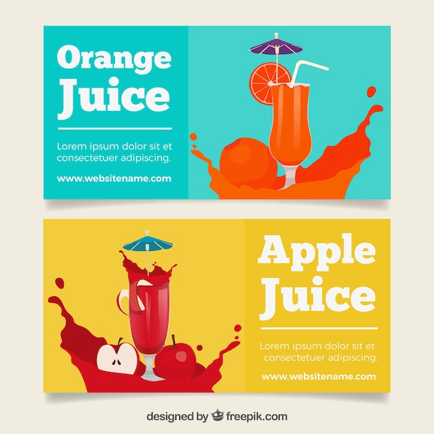 Gratis vector gekleurde banners met appel- en sinaasappelsap