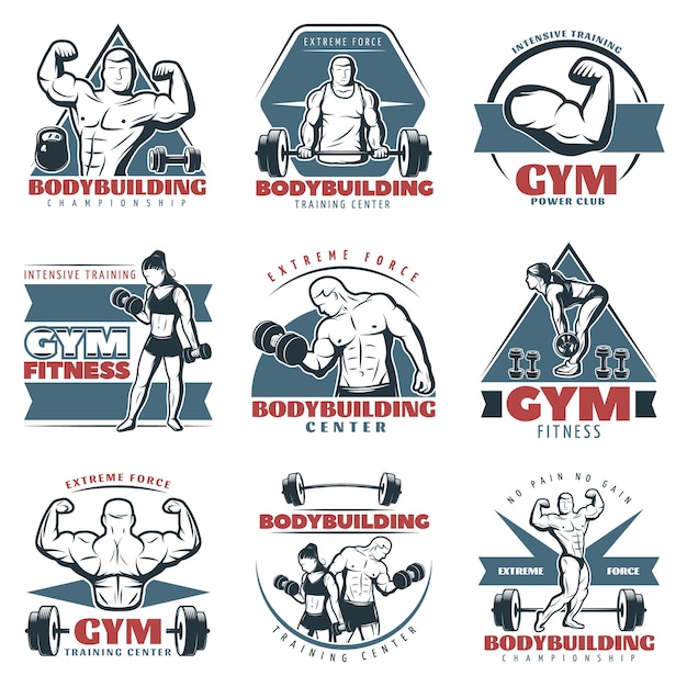 Gratis vector gekleurde body building logo set