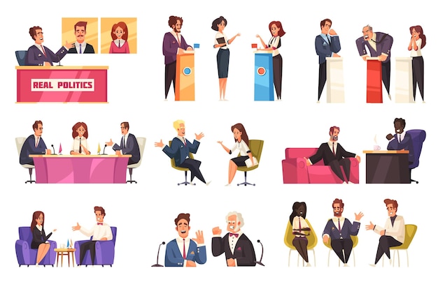 Gekleurde cartoonverzameling van deelnemers aan verschillende talkshows geïsoleerd op een witte achtergrond vectorillustratie