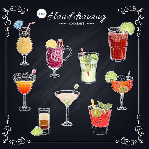 Gratis vector gekleurde cocktails handgetekende set