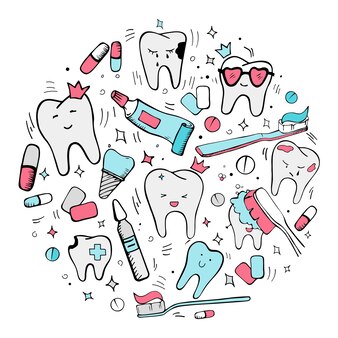 Gekleurde doodle tandheelkundige cirkel set implantaat tandenborstel plakken mondwater tabletten tandvlees tandheelkundige zorg