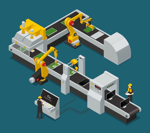 Gratis vector gekleurde elektronica fabriek apparatuur personeel isometrische samenstelling met workflow in de fabriek