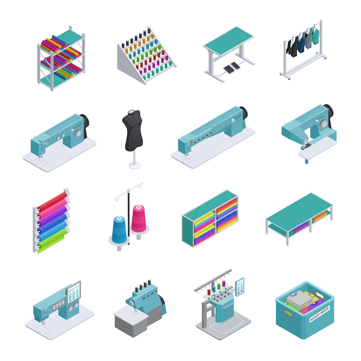 Gratis Vector gekleurde en geïsoleerde kleding fabriek isometrische icon set machines naaimachines kledingstuk manufacturi