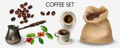 Gratis vector gekleurde en geïsoleerde realistische koffie transparante pictogrammenset met ijzeren cezve kopje koffie en bonen vectorillustratie