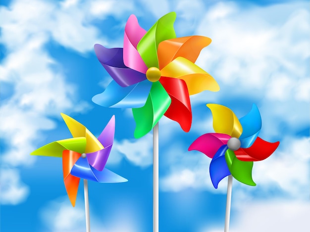 Gekleurde en realistische windmolen speelgoed hemel illustratie