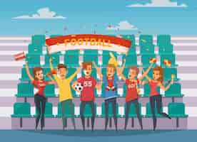 Gratis vector gekleurde fanwortel buff-samenstelling met mensen die voor de tribunes van het voetbalveld staan