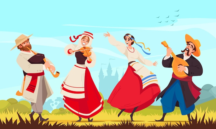 Gratis Vector gekleurde folklore muziek samenstelling twee paar dansers in klederdracht dansen samen vector illustratie