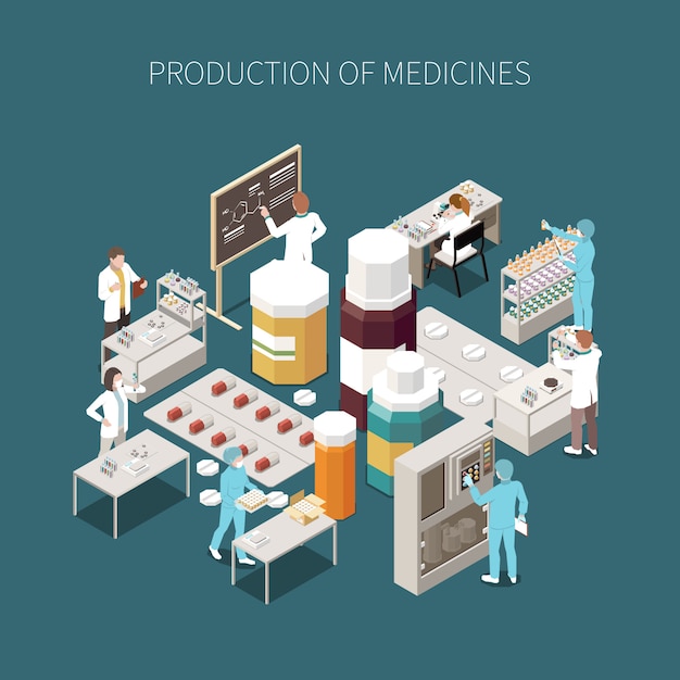 Gekleurde geïsoleerde farmaceutische productiesamenstelling met productie van geneesmiddelenbeschrijving en medische laboratoriumillustratie