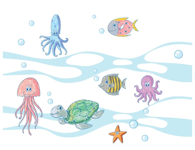 Gekleurde handgetekende zeedieren collectie