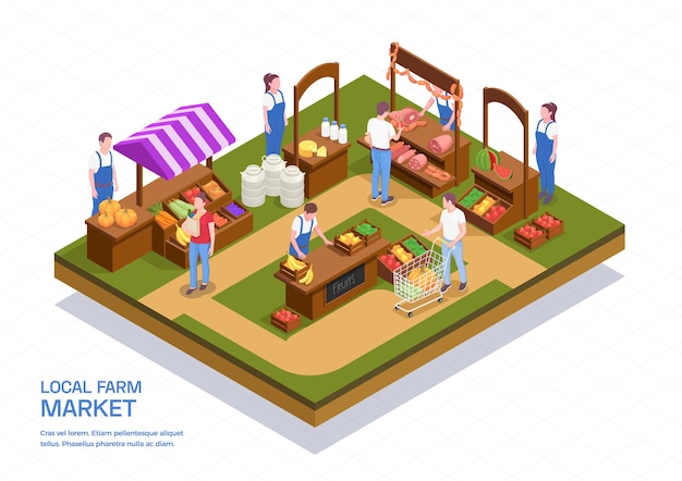 Gratis vector gekleurde isometrische samenstelling met boeren die vers vlees, fruit, groenten en zuivelproducten verkopen op de lokale boerderijmarkt 3d illustratie