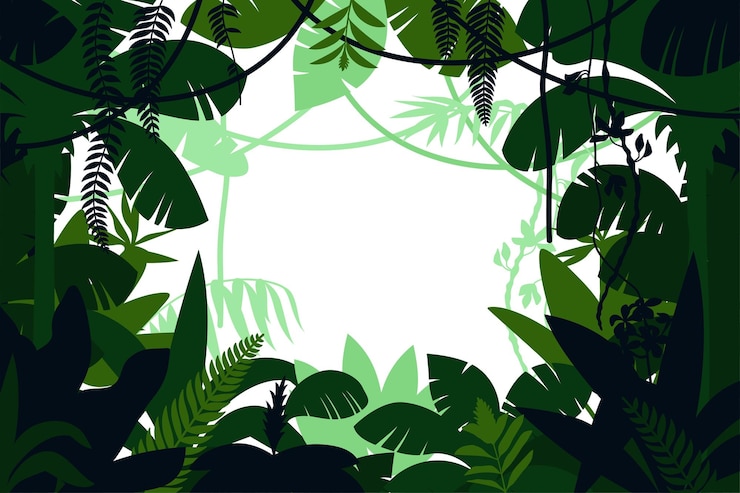 Gratis Vector gekleurde jungle frame grote bladeren omlijsten de scène als cirkel op witte achtergrond vectorillustratie