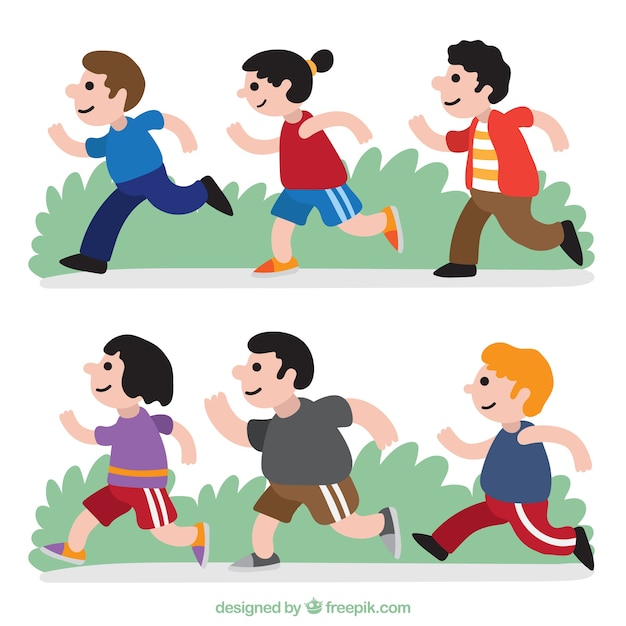 Gratis vector gekleurde pak van zes mensen lopen