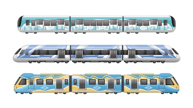 Gekleurde passagiers metro voorstedelijke trein realistische mockup set geïsoleerd op een witte achtergrond vectorillustratie