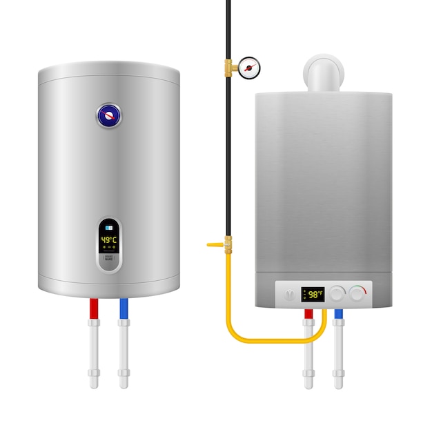 Gekleurde realistische boiler ketelsamenstelling met twee geïsoleerde en verschillende apparatuur en pijpen