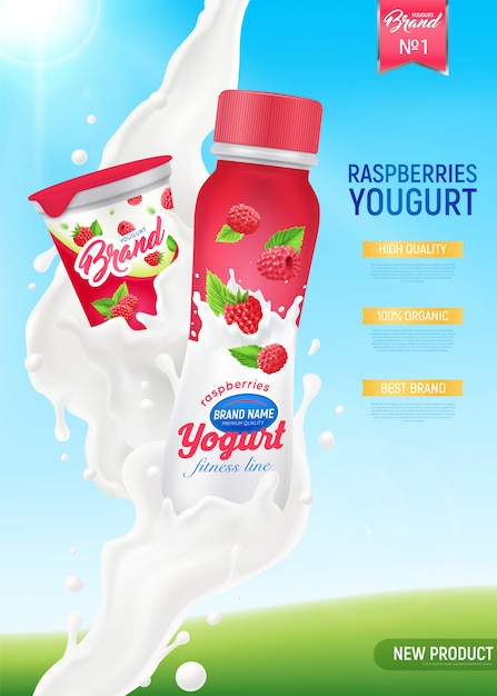 Gratis vector gekleurde realistische samenstelling van yoghurtadvertenties met frambozenyoghurt van hoge kwaliteit en illustratie van nieuwe productbeschrijvingen