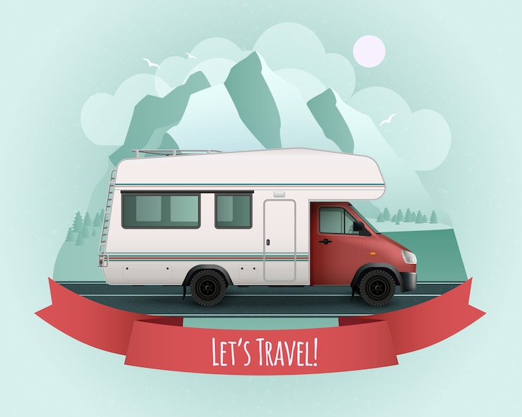 Gratis Vector gekleurde recreatieve voertuigaffiche met rood lint en laat reisbeschrijving