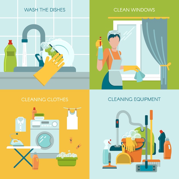 Gratis vector gekleurde schoonmaak illustratie concept set