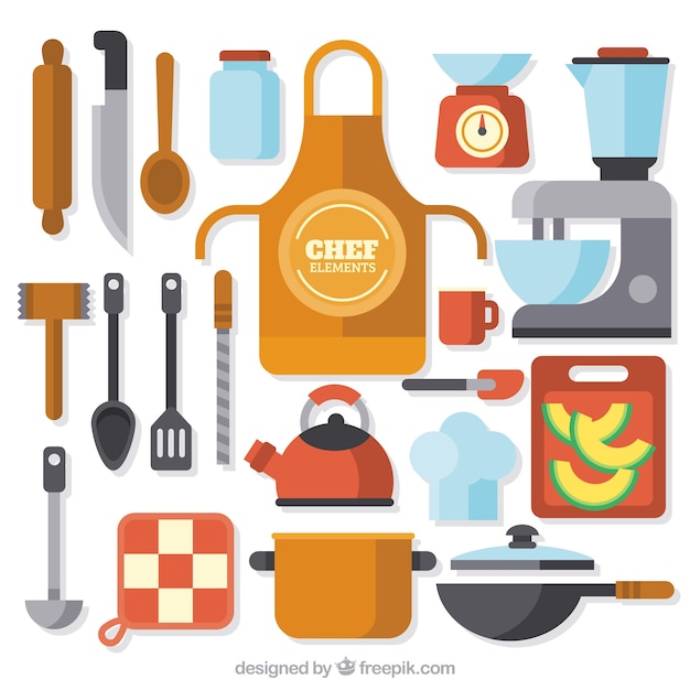 Gratis vector gekleurde selectie van platte chef-kok elementen