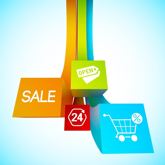 Gekleurde strepen poster met verschillende objecten en woorden betreffende verkoop in de winkel op het blauw