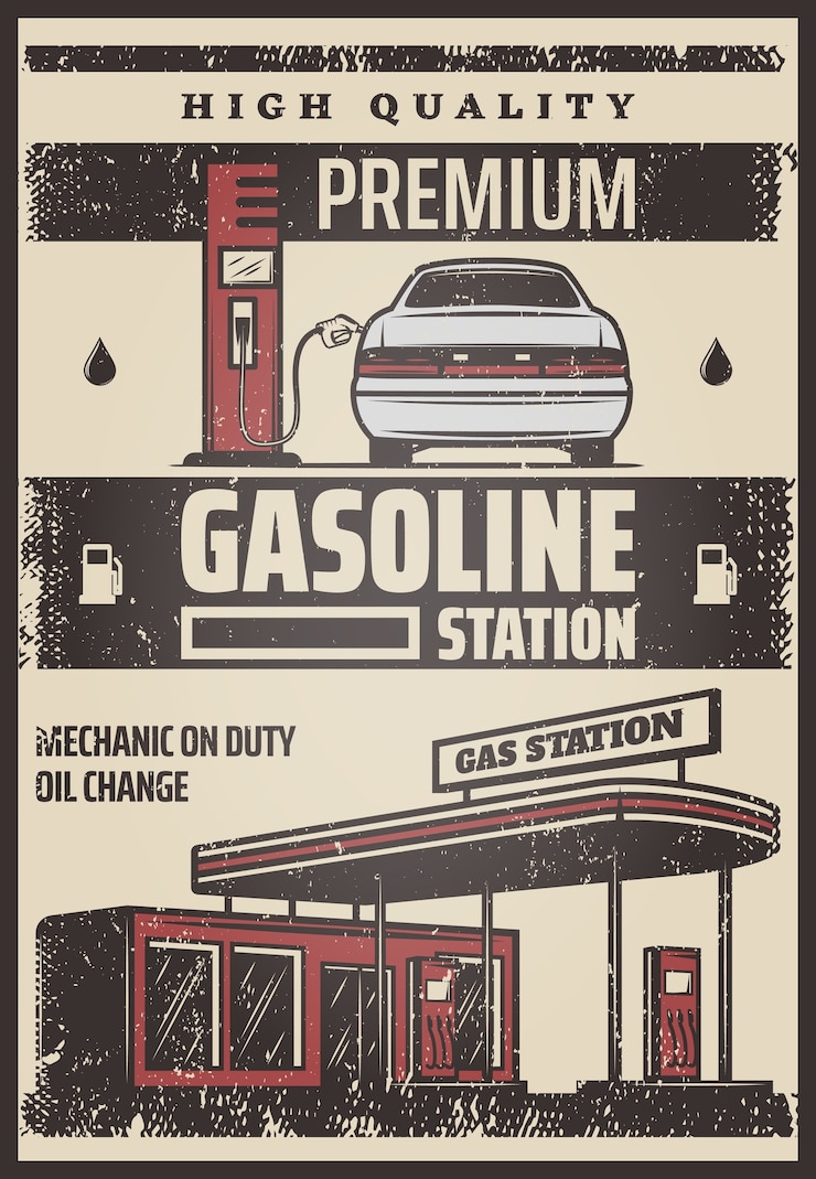 Gratis Vector gekleurde tankstation poster met inscripties en auto bijvullen proces in vintage stijl