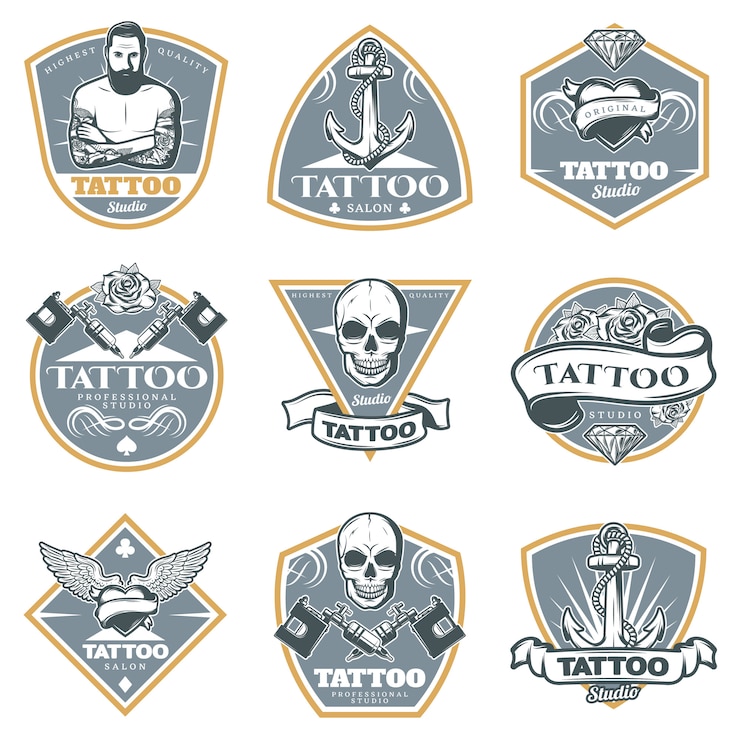 Gratis Vector gekleurde tattoo studio labels set