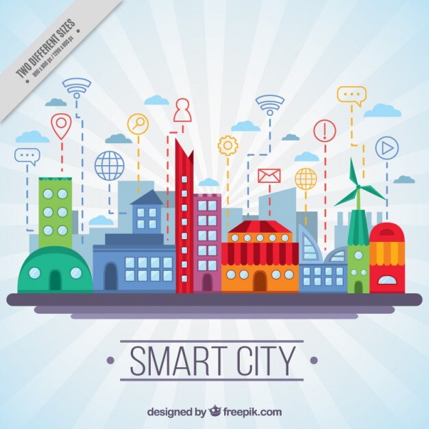 Gratis Vector gekleurde technologische stad in flat ontwerp achtergrond