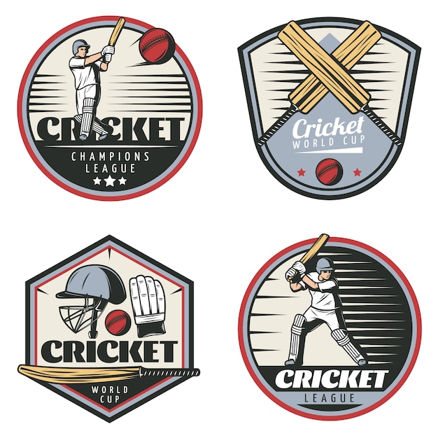 Gekleurde vintage cricket sport emblemen set