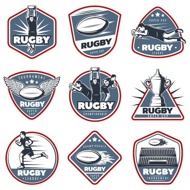 Gratis vector gekleurde vintage rugby labels set