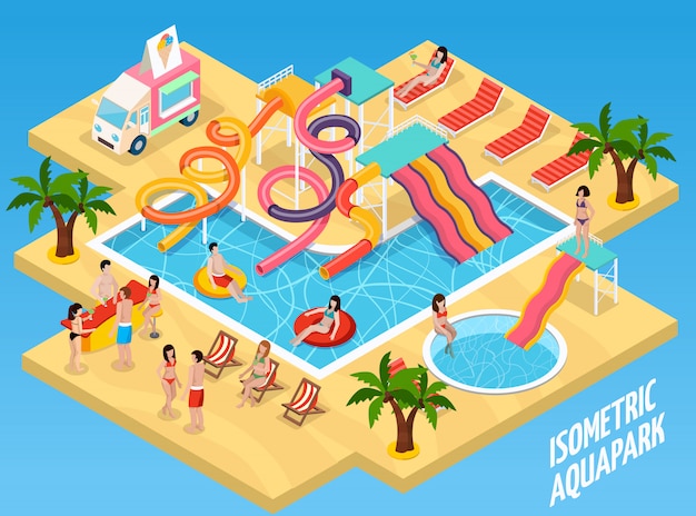 Gratis vector gekleurde waterpark aquapark isometrische samenstelling