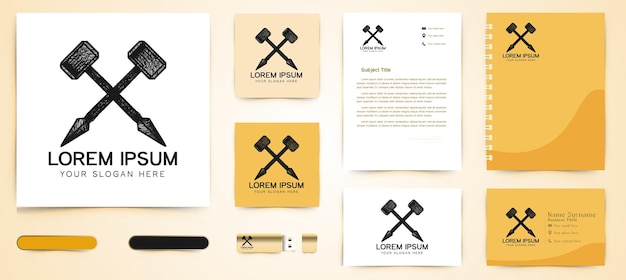 Gekruiste hamer, speer logo en business branding sjabloon ontwerp vectorillustratie