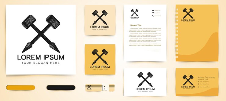 Gratis Vector gekruiste hamer, speer logo en business branding sjabloon ontwerp vectorillustratie