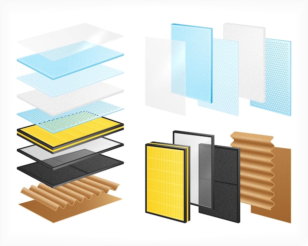 Gratis vector gelaagde materialen realistische set met geïsoleerde afbeeldingen van materiële rijen met uitzicht op enkele lagen stapels vectorillustratie