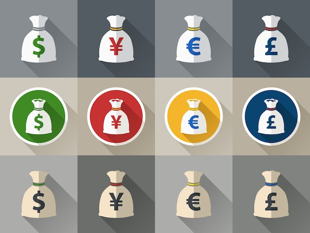 Geldzak icon set met valuta symbool plat ontwerp verctor