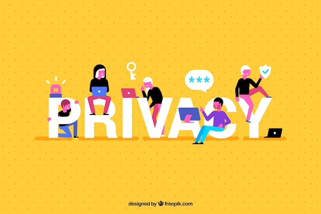 Gele achtergrond met privacywoord en pretmensen