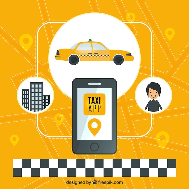 Gratis vector gele achtergrond van de taxi applicatie