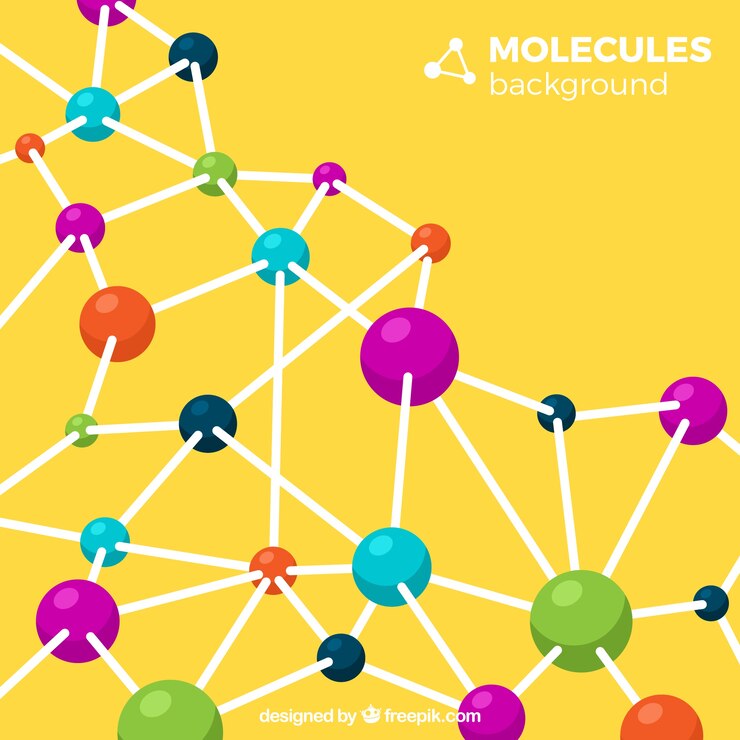 Gratis Vector gele achtergrond van gekleurde moleculen