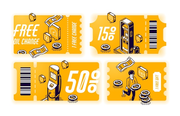 Gratis vector gele coupons voor gratis olieverversing, vouchers met cadeau of korting voor autoservice. set certificaten met isometrische illustratie van benzinestation. tickets met aanbieding voor voertuigonderhoud