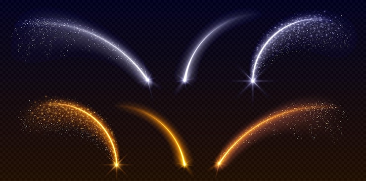 Gratis Vector gele en witte vallende sterren op een transparante achtergrond vector realistische illustratie van vuurwerk boog staarten met glinsterende deeltjes feestelijke sprankelende stralen magische kracht twinkle effect