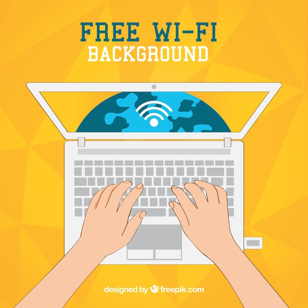 Gratis vector gele laptop achtergrond met gratis wifi